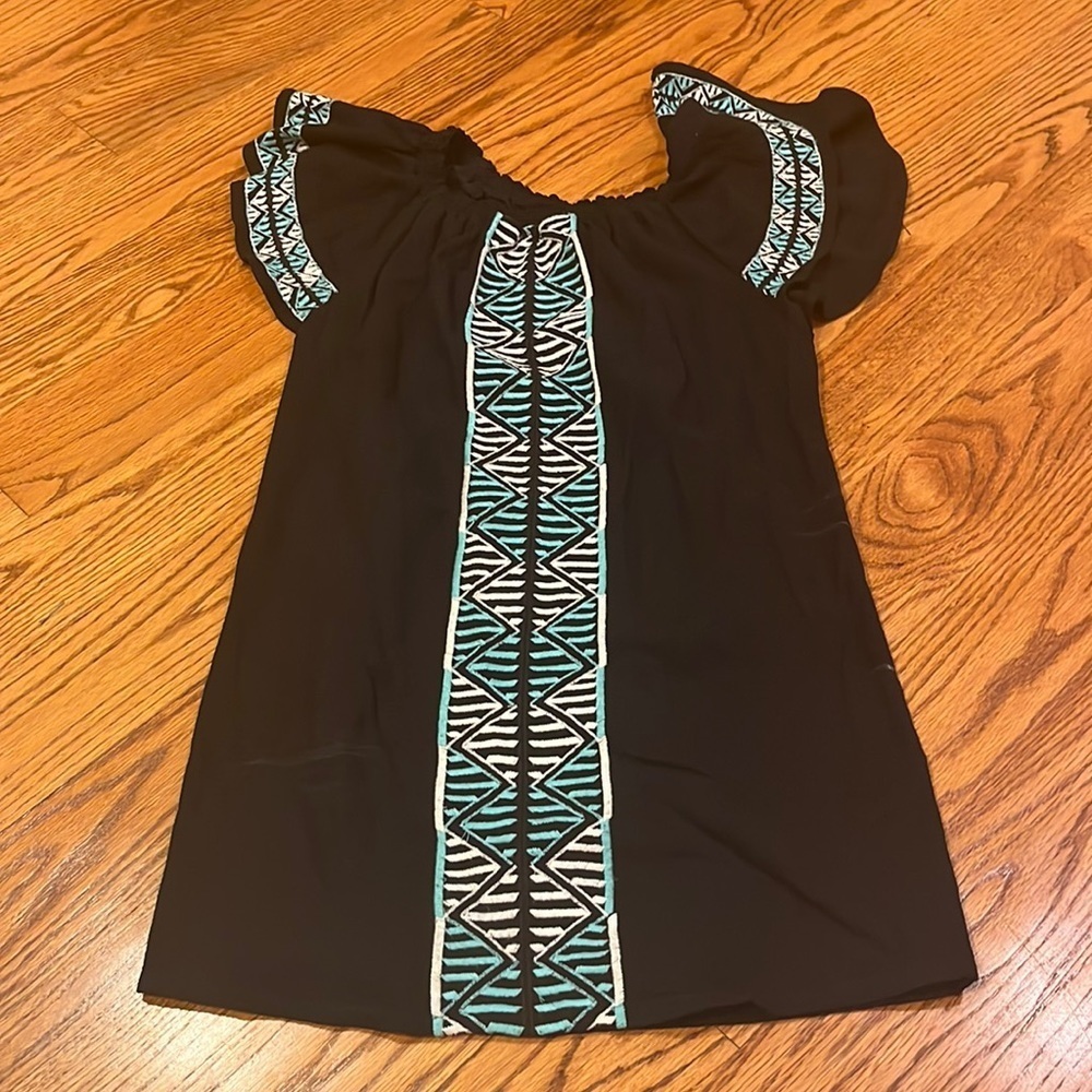 Piper by Townsen Woman’s Black Dress Ruffle Sleeves & Turquoise Accents Size XS